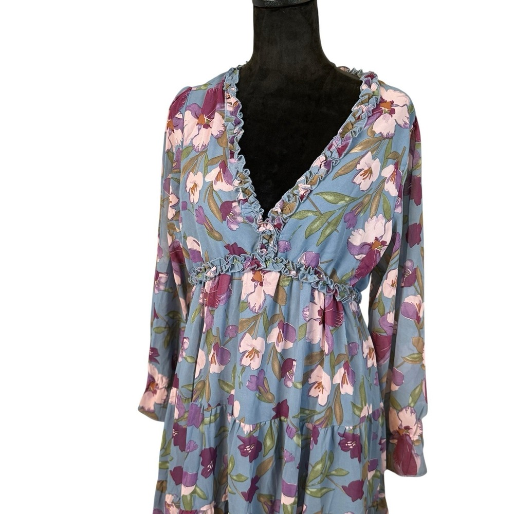 Women's Blue Purple Vivid Floral Print Maxi Dress Ruffle V-Neck Large Bloomcore - Picture 3 of 11